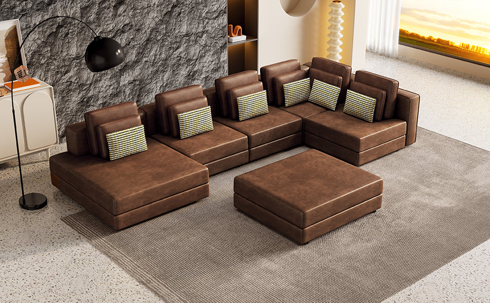 112.7" Modular Sectional Sofa Corner Sofa Chaise Lounge with Movable Ottoman, Brown - Elegant and Versatile