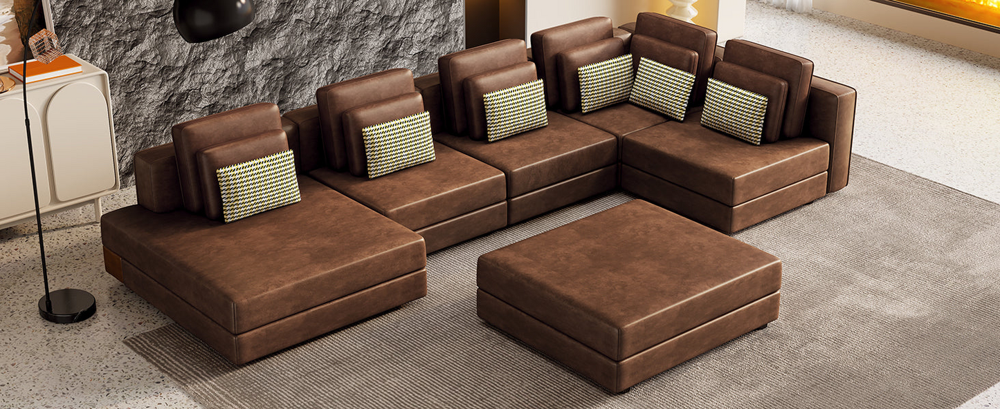 112.7" Modular Sectional Sofa Corner Sofa Chaise Lounge with Movable Ottoman, Brown - Elegant and Versatile