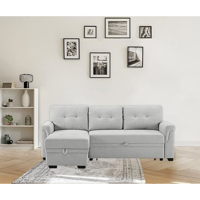 Sierra Light Gray Linen Reversible Sleeper Sectional Sofa with Storage Chaise - Functional and Stylish | Furniture World