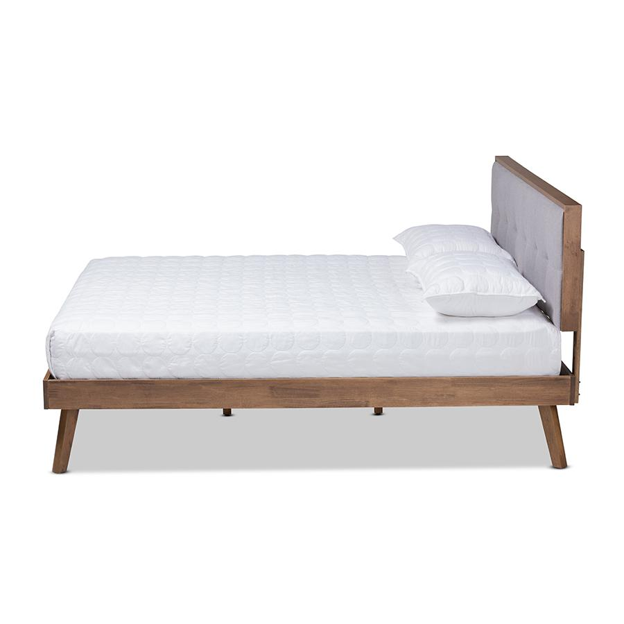 Braxton Studio Light Grey Fabric Upholstered Walnut Brown Finished Wood King Size Platform Bed