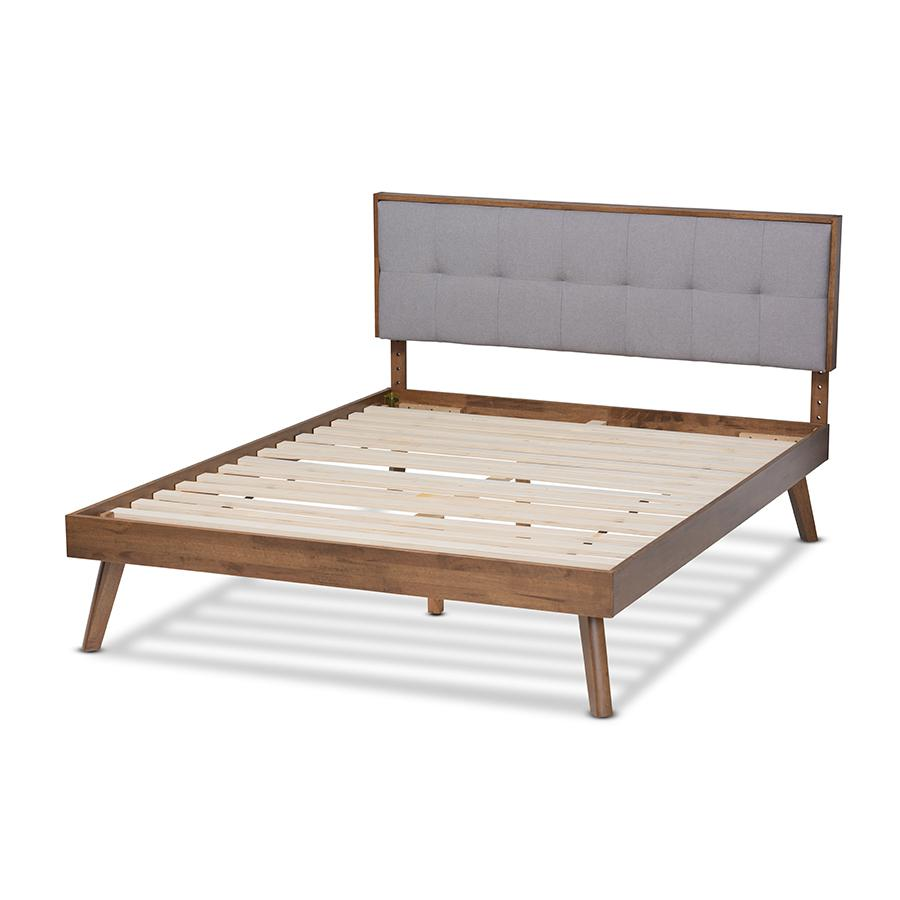 Braxton Studio Light Grey Fabric Upholstered Walnut Brown Finished Wood King Size Platform Bed