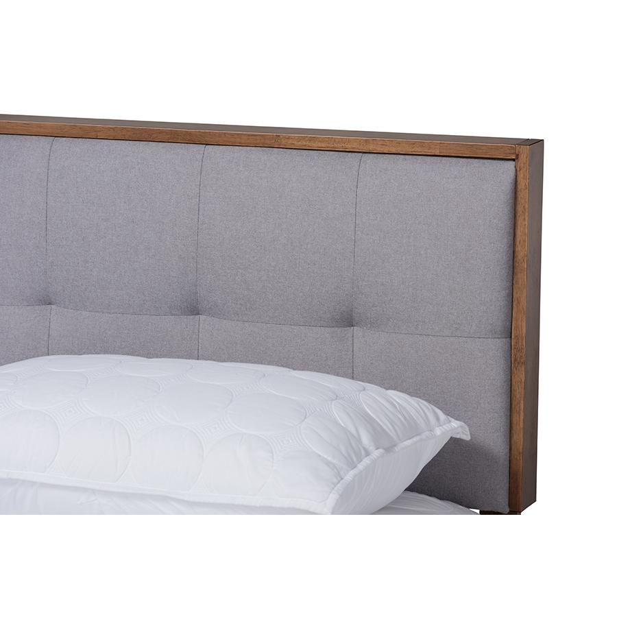 Braxton Studio Light Grey Fabric Upholstered Walnut Brown Finished Wood King Size Platform Bed