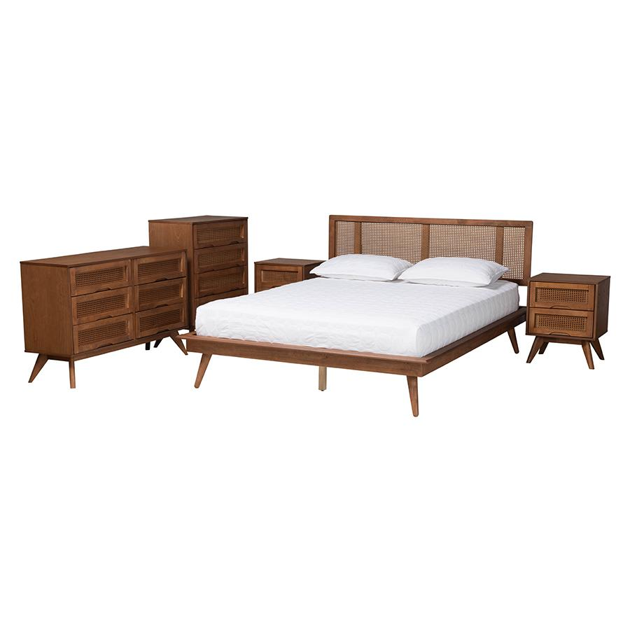 Walnut Brown Finished Wood and Rattan King Size 5-Piece Bedroom Set