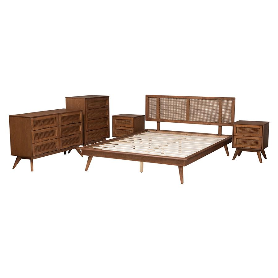 Walnut Brown Finished Wood and Rattan King Size 5-Piece Bedroom Set