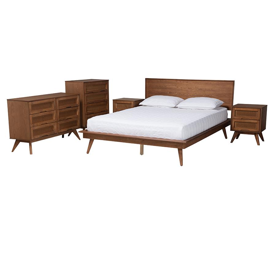 Walnut Brown Finished Wood and Rattan King Size 5-Piece Bedroom Set