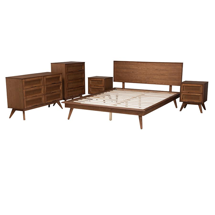 Walnut Brown Finished Wood and Rattan King Size 5-Piece Bedroom Set