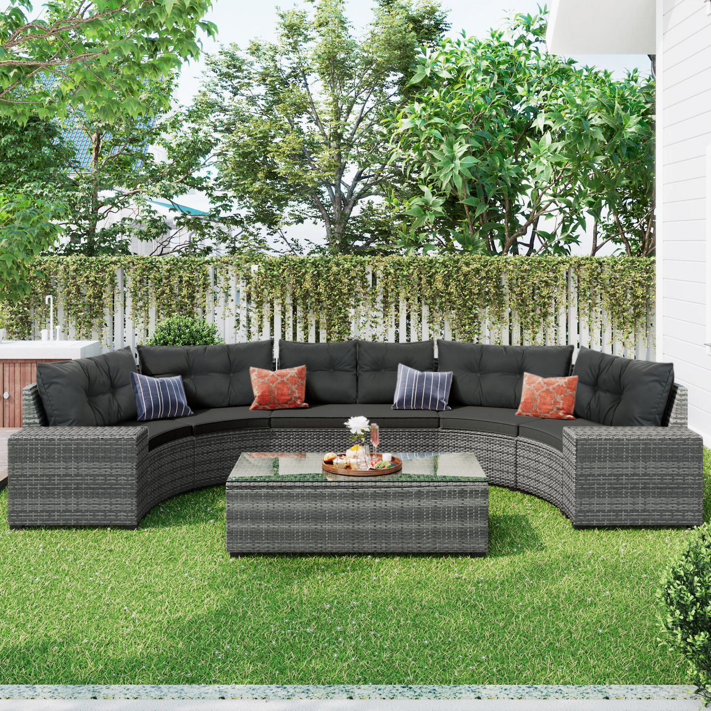 8-pieces Outdoor Wicker Round Sofa Set, Half-Moon Sectional Sets All Weather, Curved Sofa Set With Rectangular Coffee Table, PE Rattan Water-resistant and UV Protected, Movable Cushion, Gray