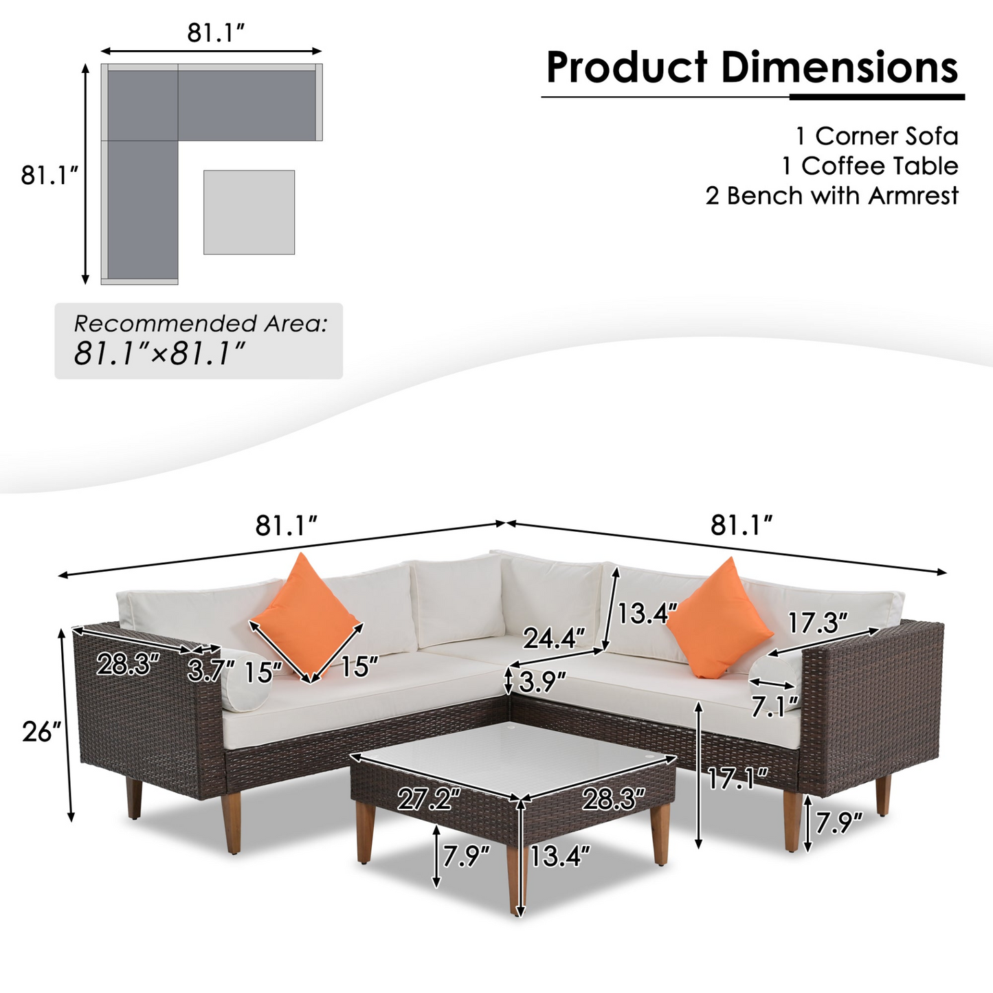 4-pieces Outdoor Wicker Sofa Set, Patio Furniture with Colorful Pillows, L-shape sofa set, Beige cushions and Brown Rattan