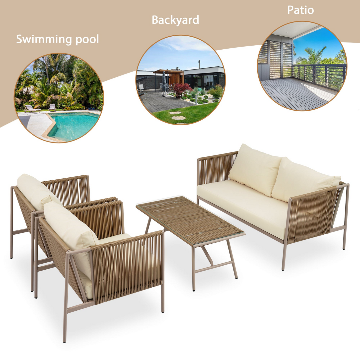 4-Piece Rope Sofa Set with Thick Cushions and Toughened Glass Table, All-Weather Patio Furniture Set For 4 Person With Loveseat, Beige