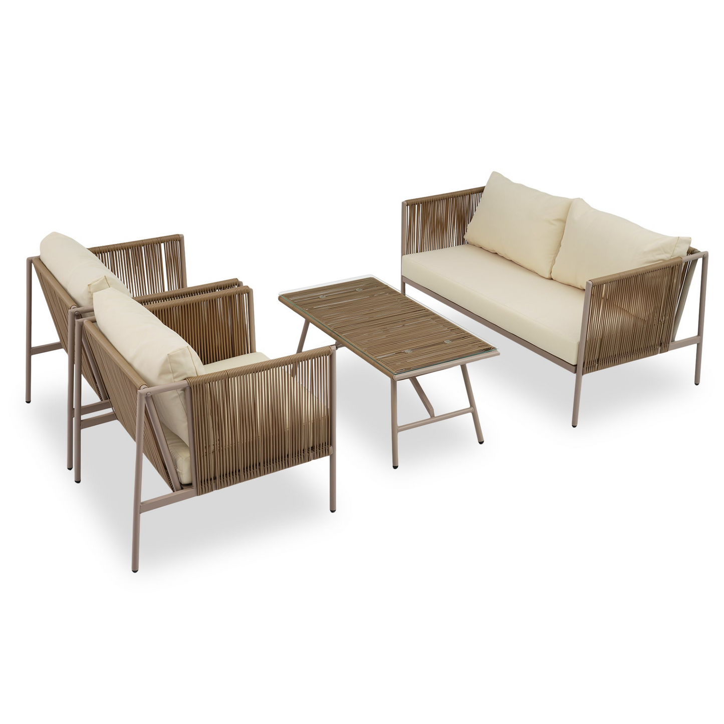 4-Piece Rope Sofa Set with Thick Cushions and Toughened Glass Table, All-Weather Patio Furniture Set For 4 Person With Loveseat, Beige