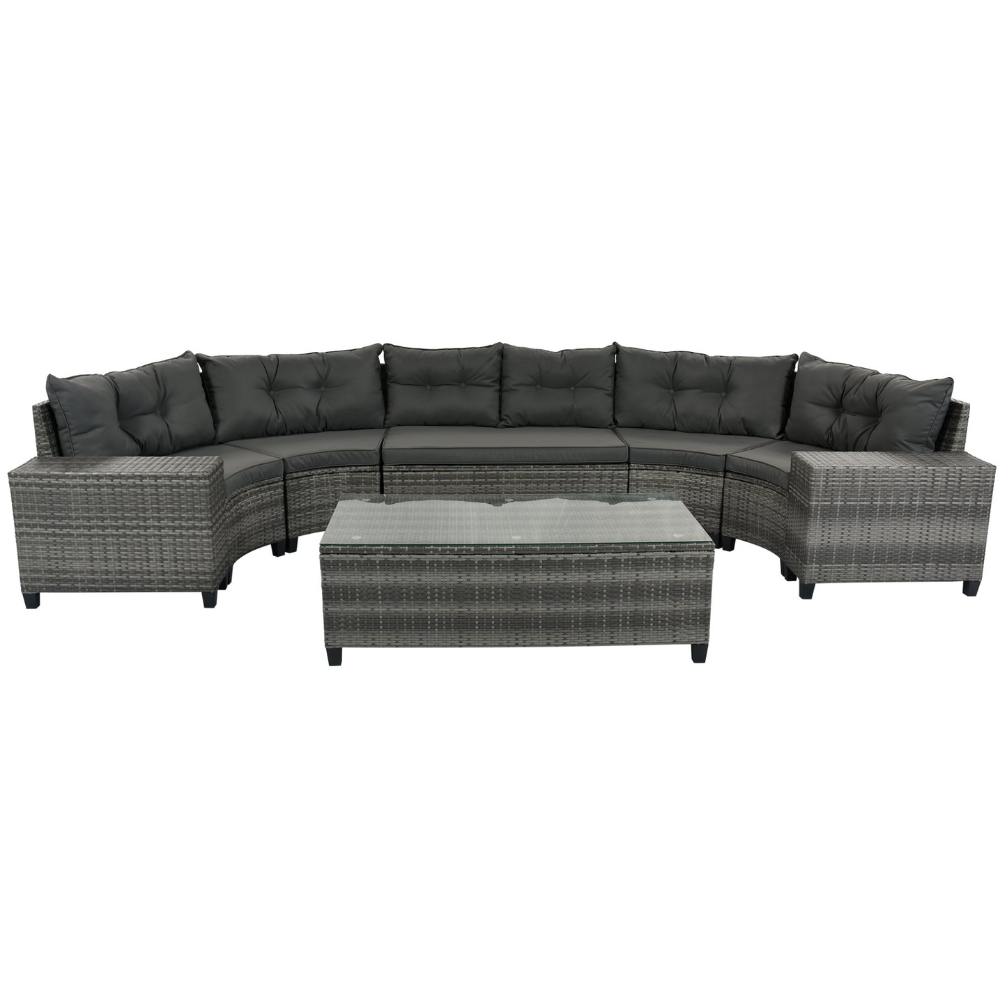 8-pieces Outdoor Wicker Round Sofa Set, Half-Moon Sectional Sets All Weather, Curved Sofa Set With Rectangular Coffee Table, PE Rattan Water-resistant and UV Protected, Movable Cushion, Gray