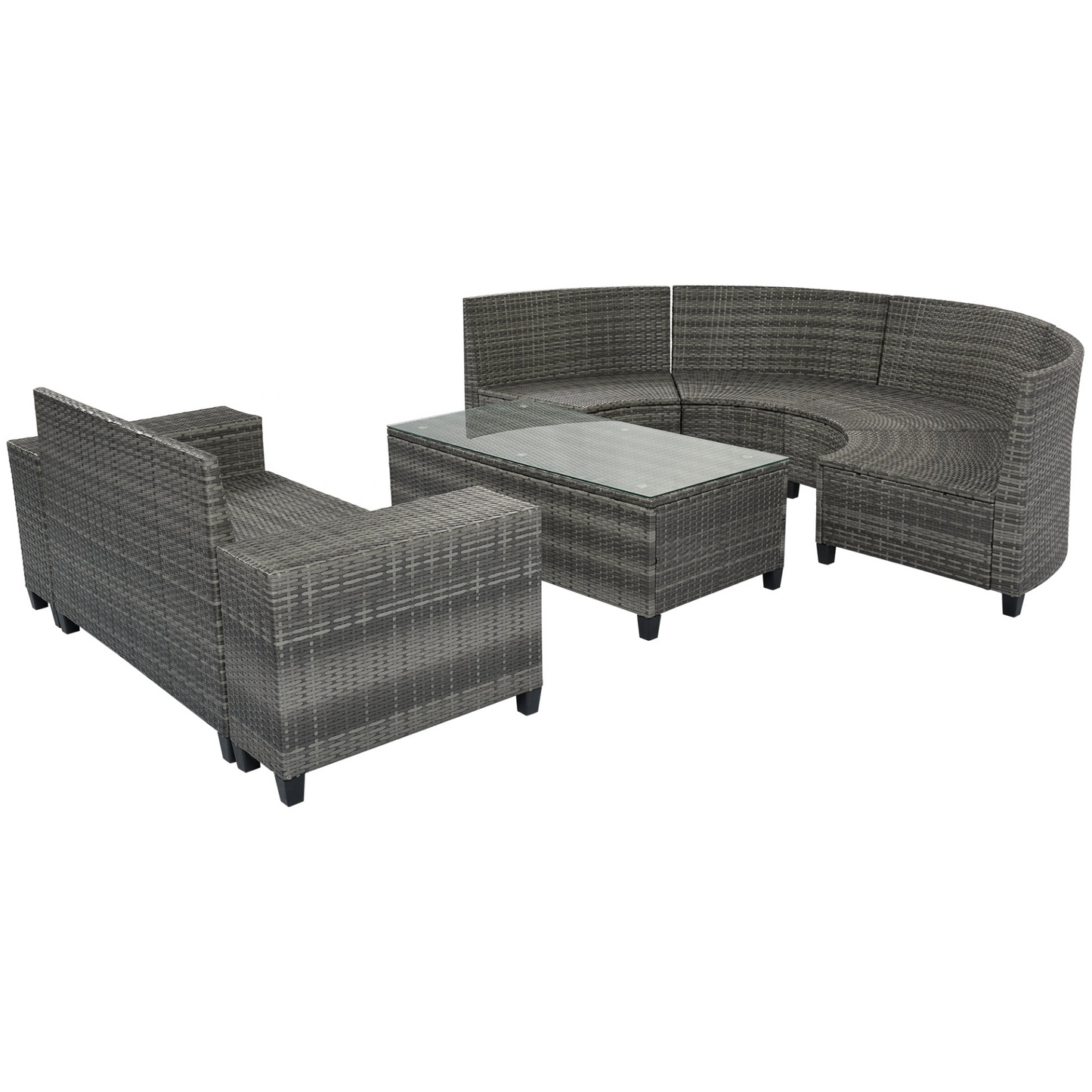 8-pieces Outdoor Wicker Round Sofa Set, Half-Moon Sectional Sets All Weather, Curved Sofa Set With Rectangular Coffee Table, PE Rattan Water-resistant and UV Protected, Movable Cushion, Gray