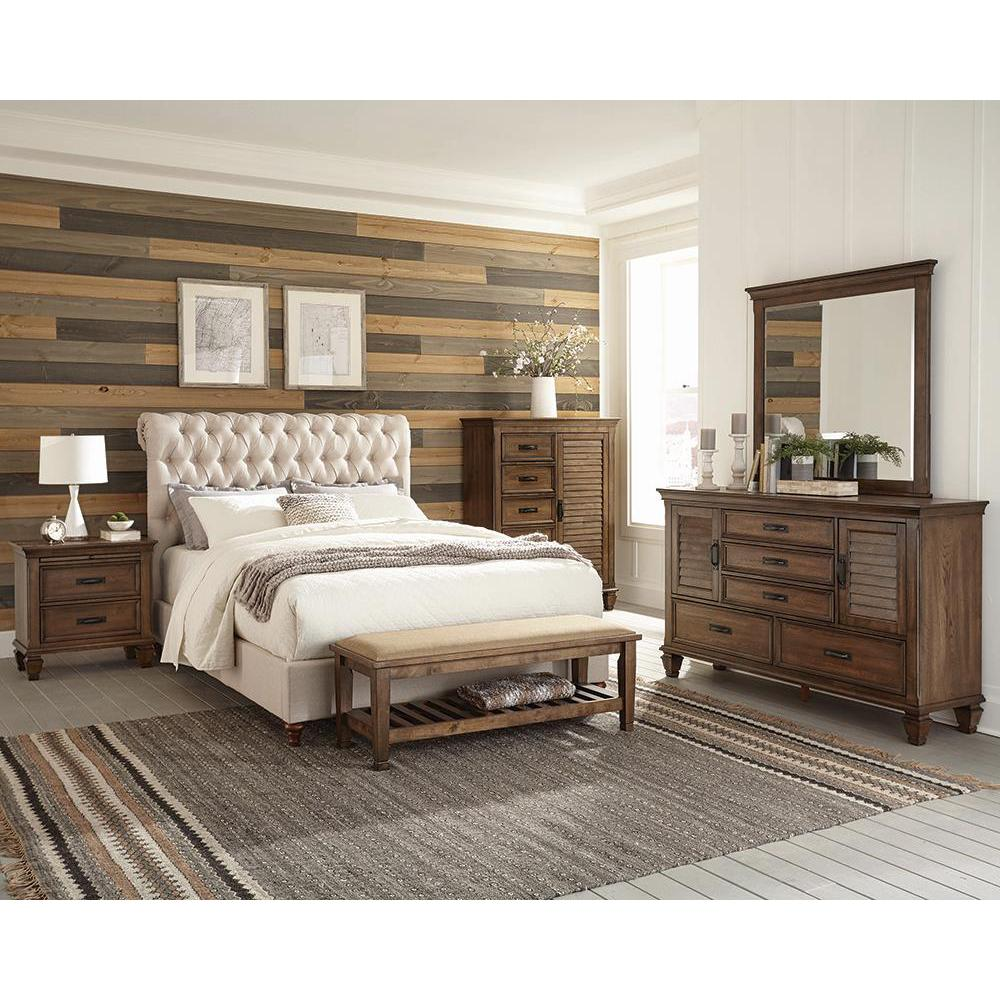 Devon 4-piece Upholstered Eastern King Bedroom Set Beige and Burnished Oak