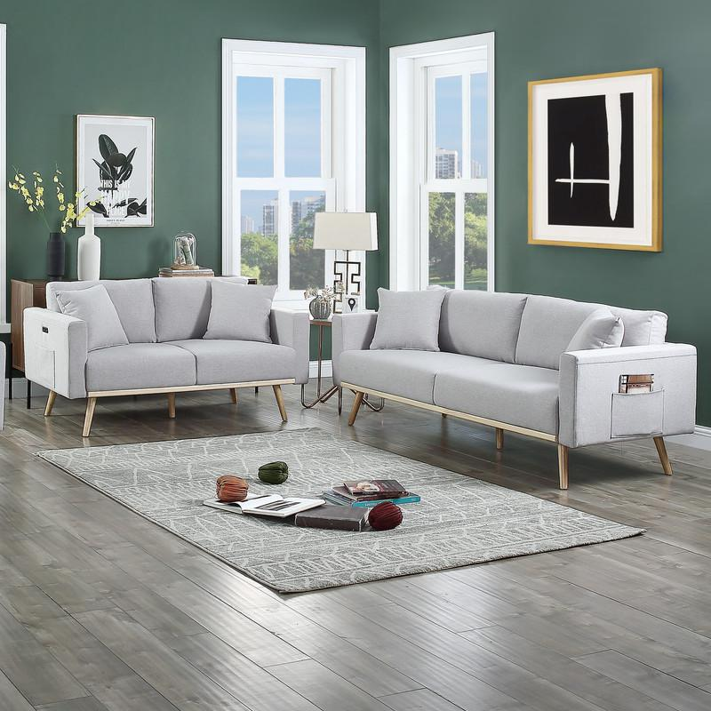 Easton Light Gray Linen Fabric Sofa Loveseat Living Room Set with USB Charging Ports Pockets & Pillows