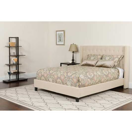 Queen Size Platform Bed in Beige Fabric with Memory Foam Mattress