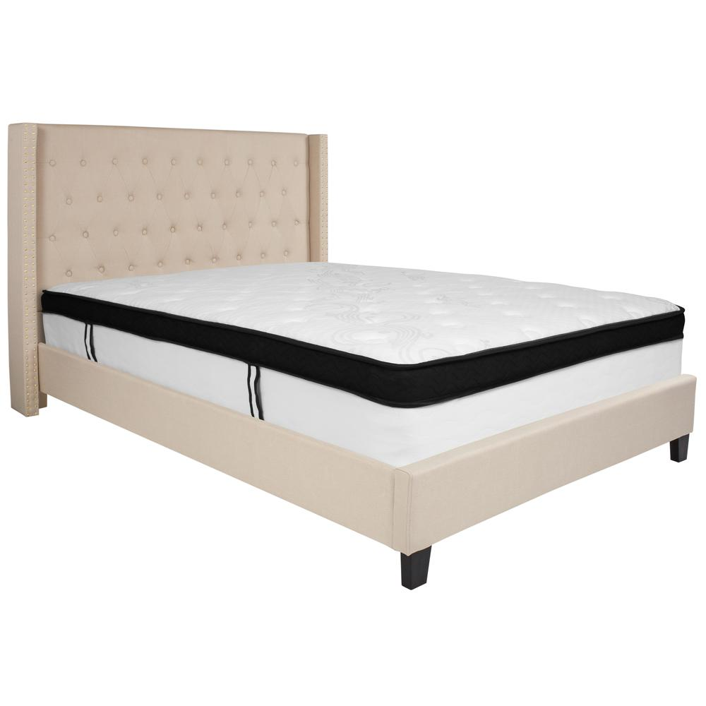 Queen Size Platform Bed in Beige Fabric with Memory Foam Mattress