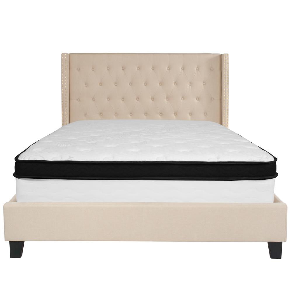 Queen Size Platform Bed in Beige Fabric with Memory Foam Mattress