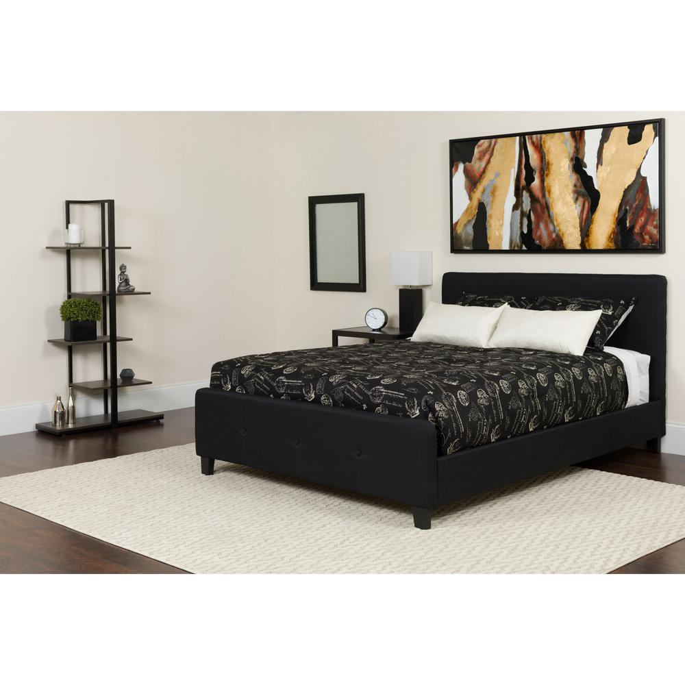 Queen Size Platform Bed in Black Fabric with Memory Foam Mattress