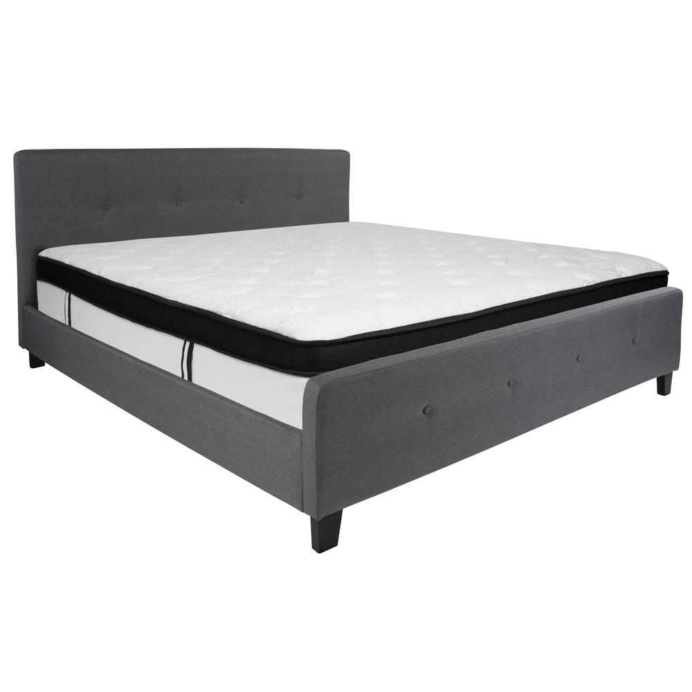 King Size Platform Bed in Dark Gray Fabric with Memory Foam Mattress