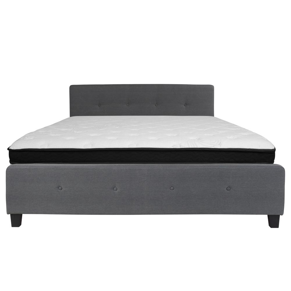 King Size Platform Bed in Dark Gray Fabric with Memory Foam Mattress