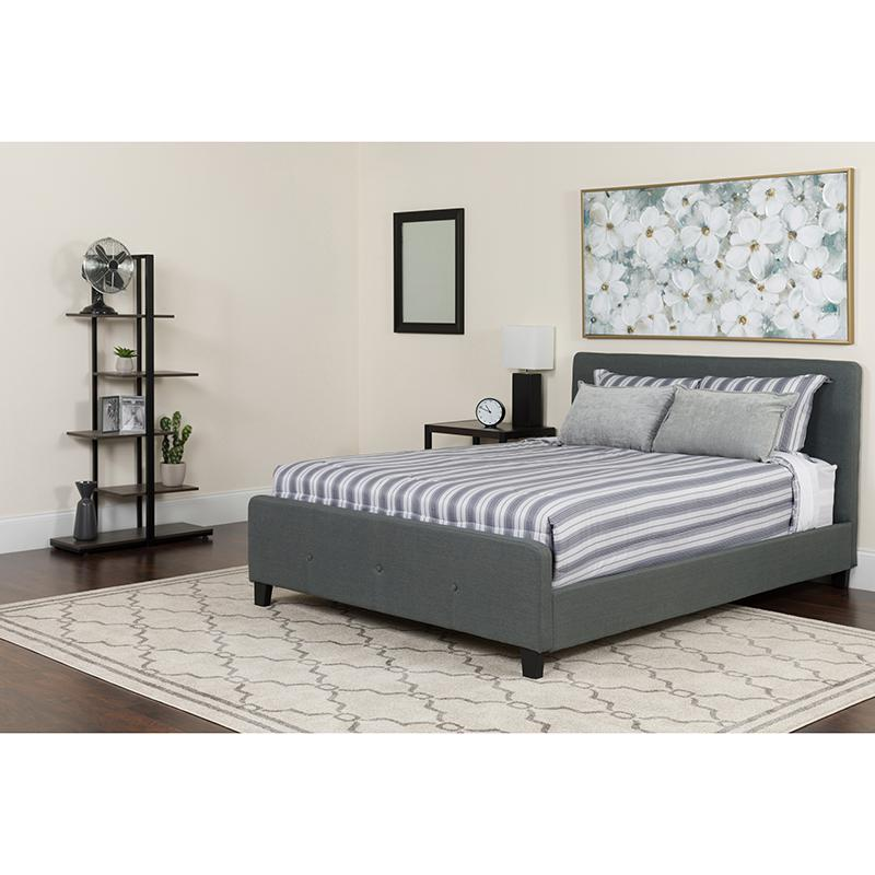 Queen Size Platform Bed in Dark Gray Fabric with Pocket Spring Mattress