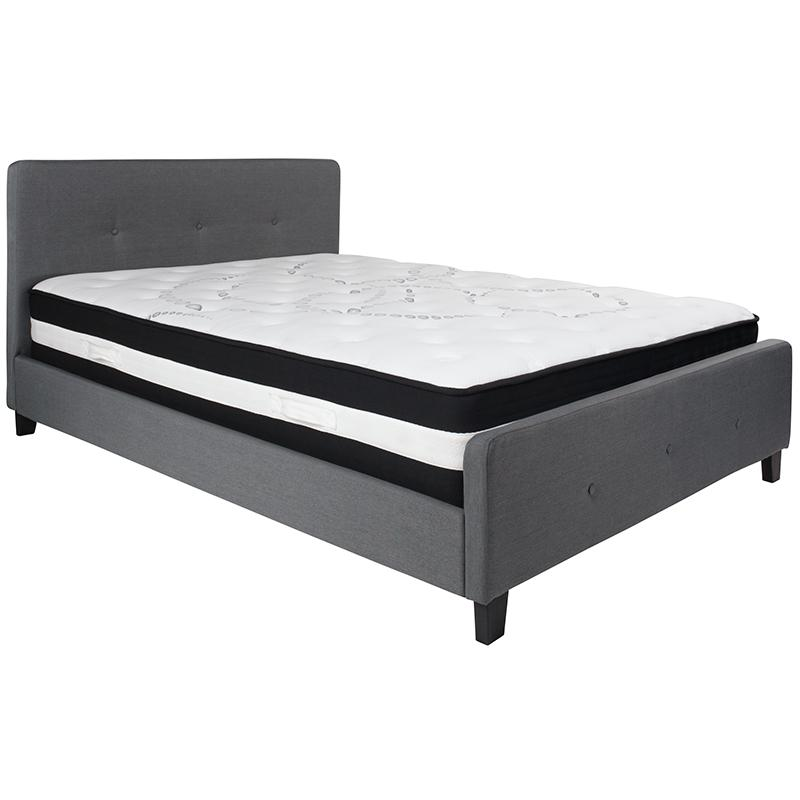 Queen Size Platform Bed in Dark Gray Fabric with Pocket Spring Mattress