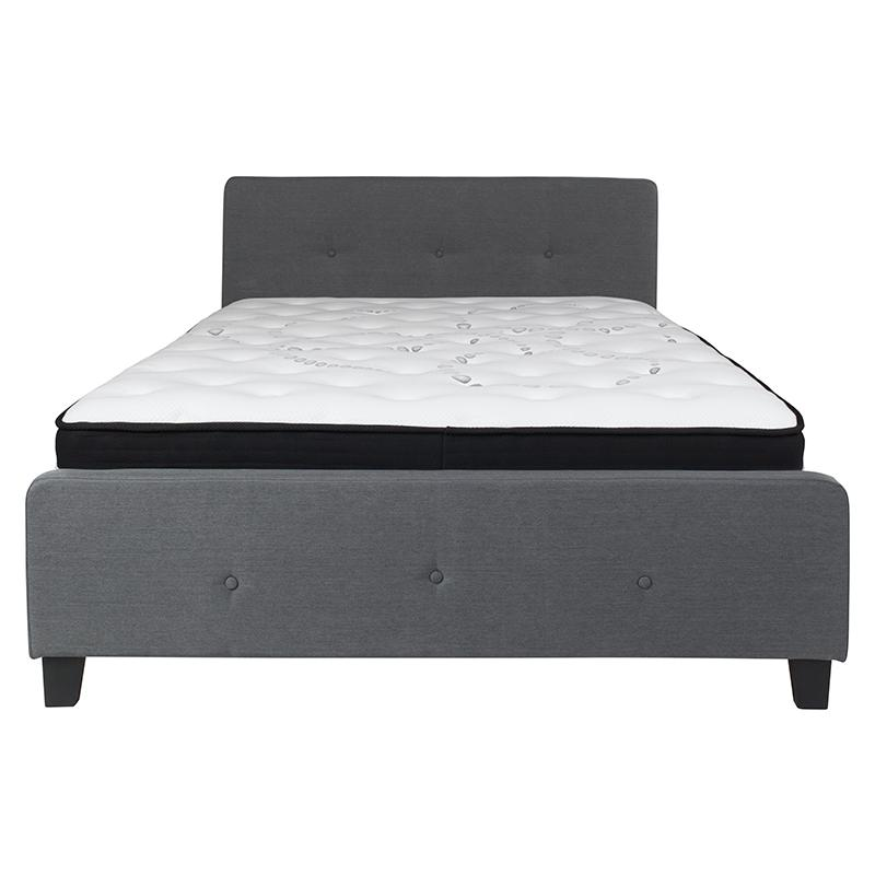 Queen Size Platform Bed in Dark Gray Fabric with Pocket Spring Mattress