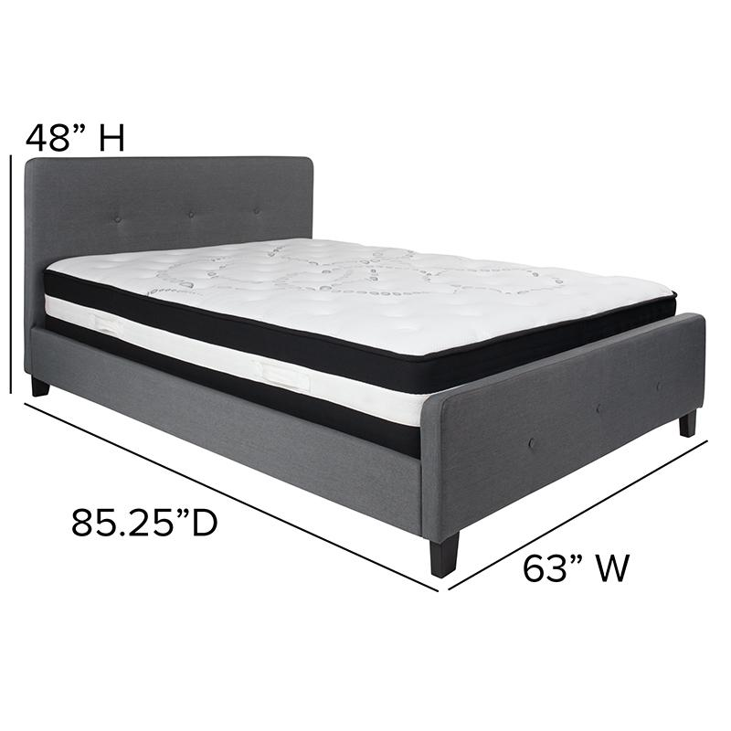 Queen Size Platform Bed in Dark Gray Fabric with Pocket Spring Mattress