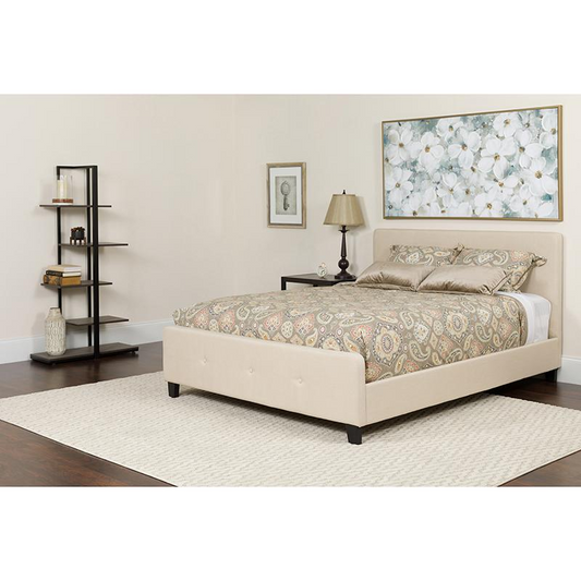 Queen Size Platform Bed in Beige Fabric with Pocket Spring Mattress