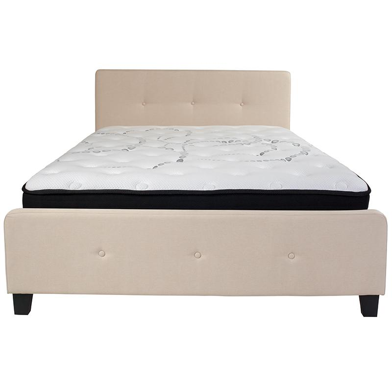 Queen Size Platform Bed in Beige Fabric with Pocket Spring Mattress