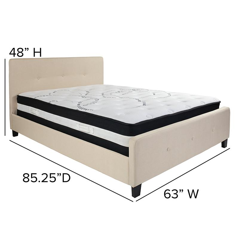 Queen Size Platform Bed in Beige Fabric with Pocket Spring Mattress