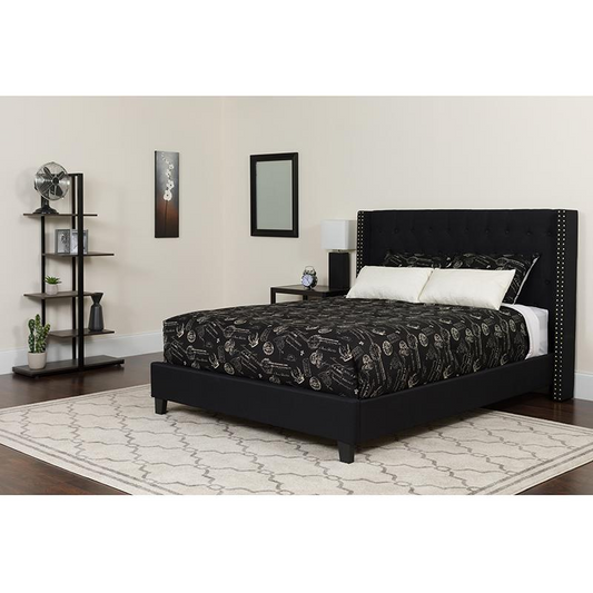 Queen Size Platform Bed in Black Fabric with Pocket Spring Mattress