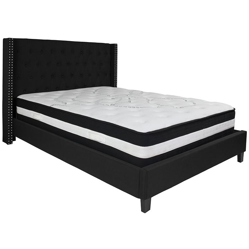 Queen Size Platform Bed in Black Fabric with Pocket Spring Mattress