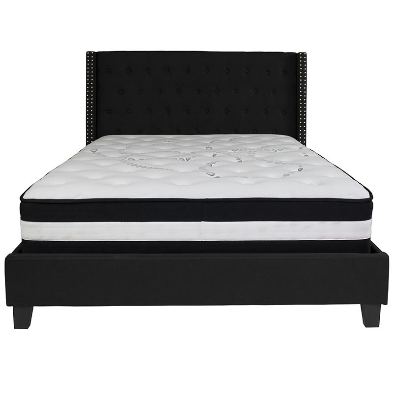 Queen Size Platform Bed in Black Fabric with Pocket Spring Mattress