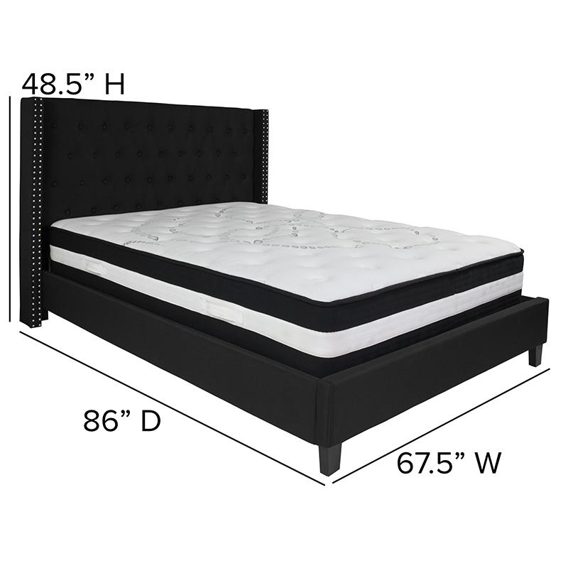 Queen Size Platform Bed in Black Fabric with Pocket Spring Mattress