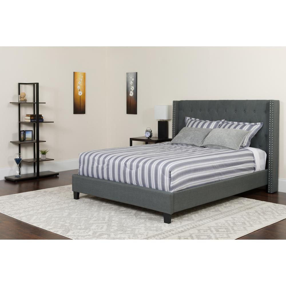 Queen Size Platform Bed in Dark Gray Fabric with Memory Foam Mattress