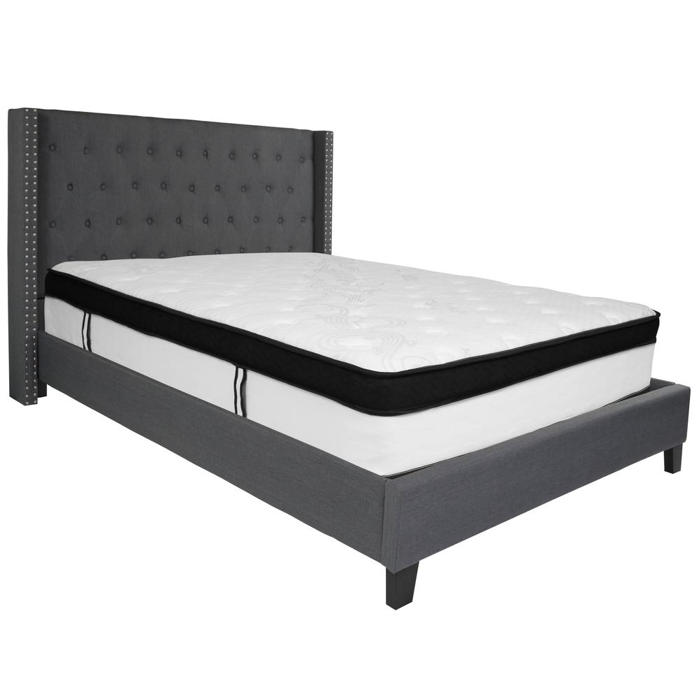 Queen Size Platform Bed in Dark Gray Fabric with Memory Foam Mattress