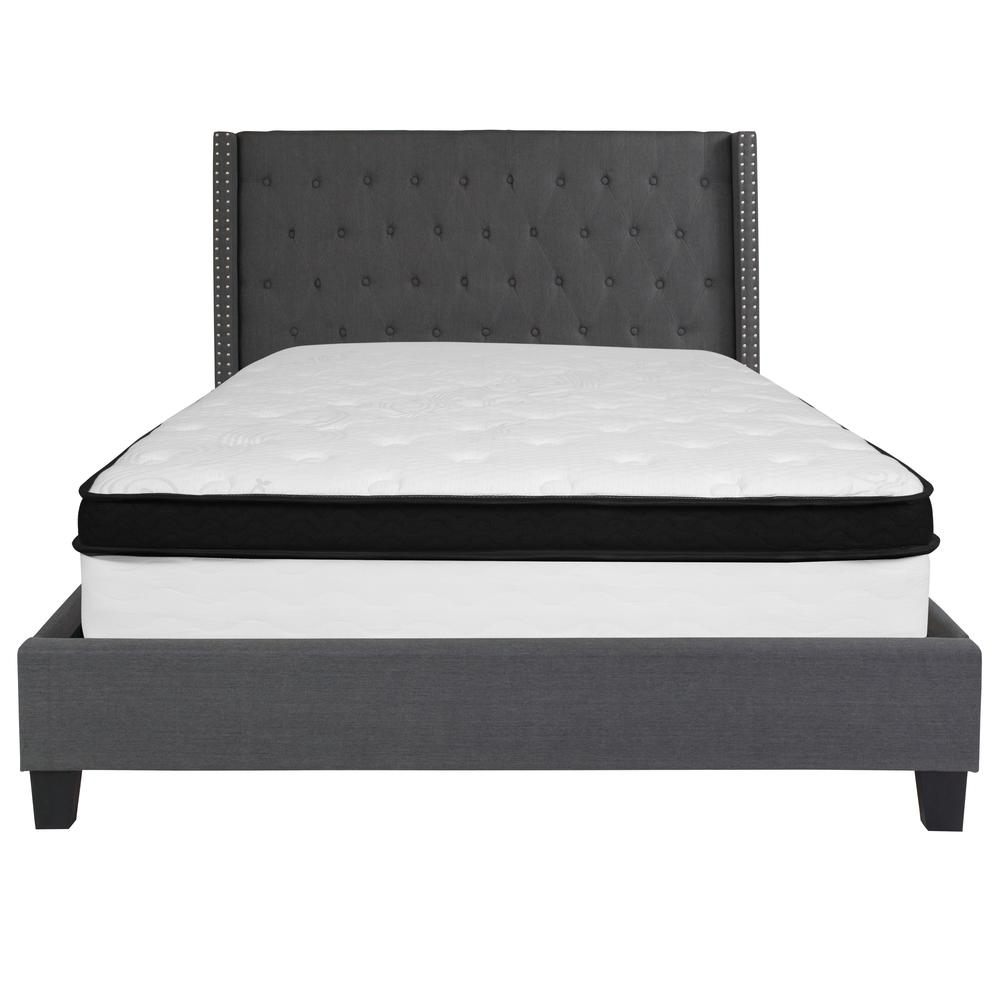 Queen Size Platform Bed in Dark Gray Fabric with Memory Foam Mattress