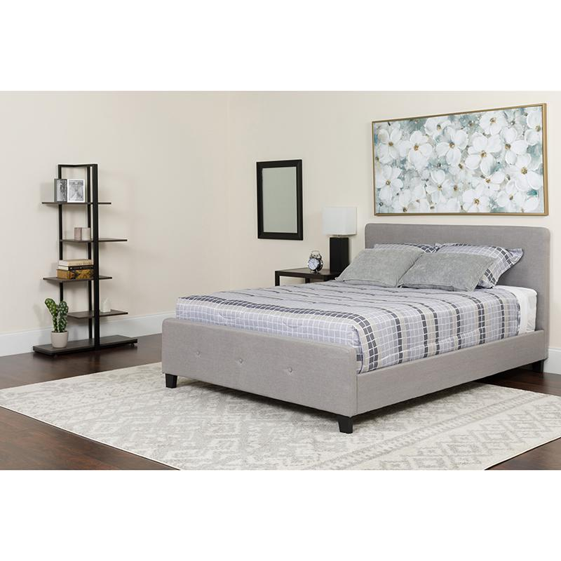 King Size Platform Bed in Light Gray Fabric with Pocket Spring Mattress