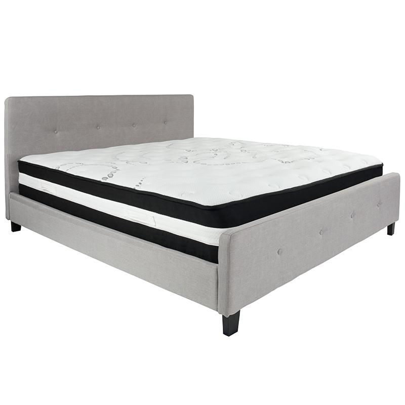 King Size Platform Bed in Light Gray Fabric with Pocket Spring Mattress