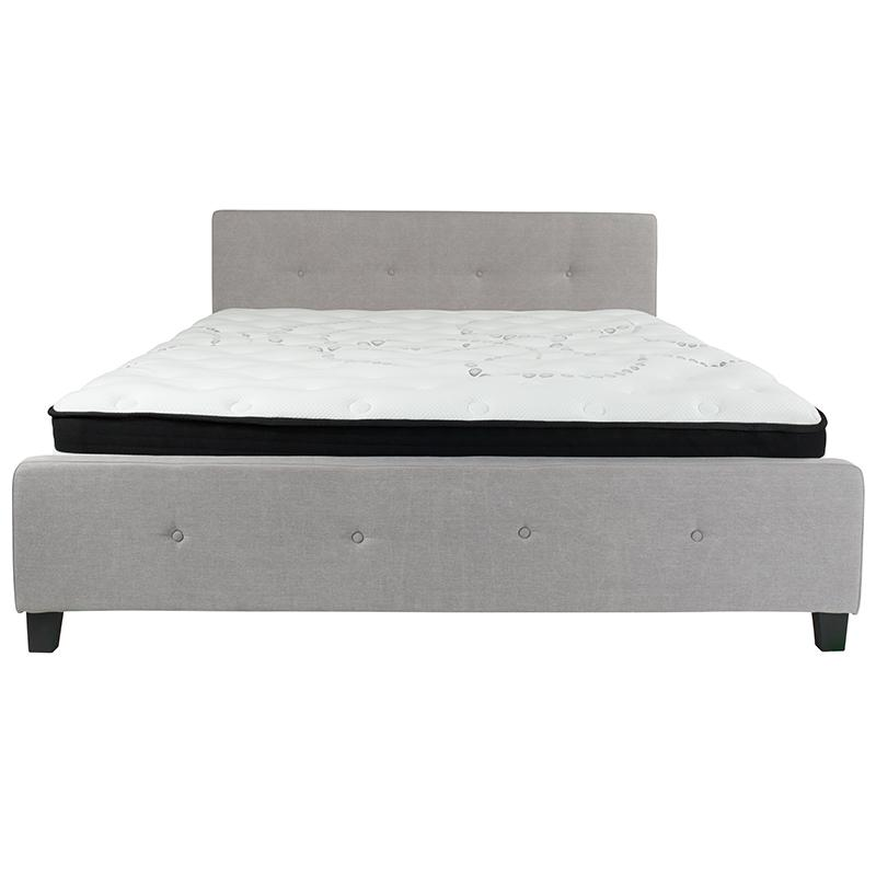 King Size Platform Bed in Light Gray Fabric with Pocket Spring Mattress