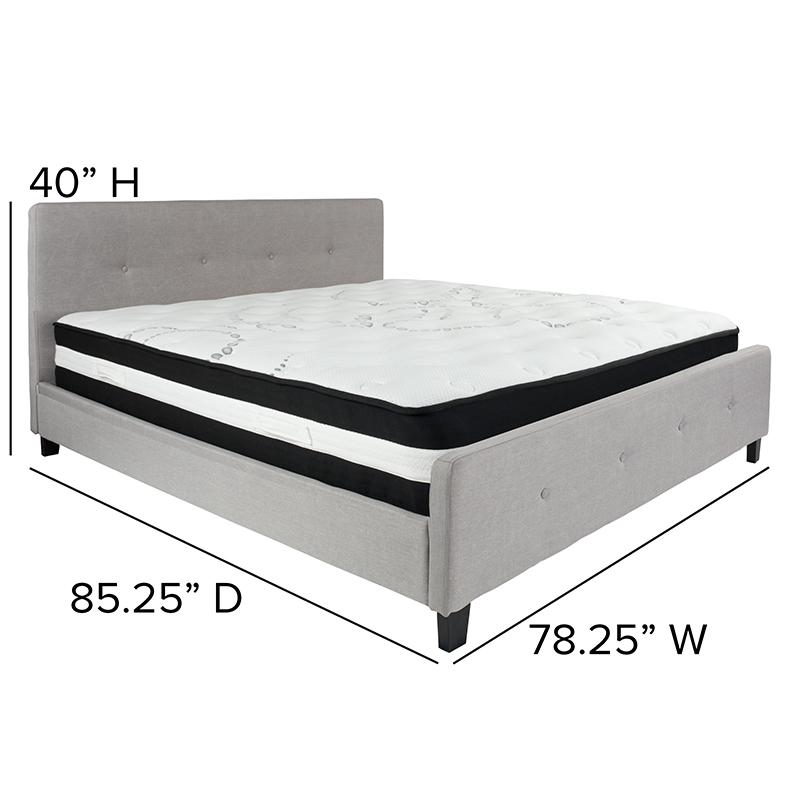 King Size Platform Bed in Light Gray Fabric with Pocket Spring Mattress