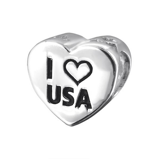 Silver I LOVE USA Charm Bead - Sterling Silver Charm for Bracelets & Necklaces