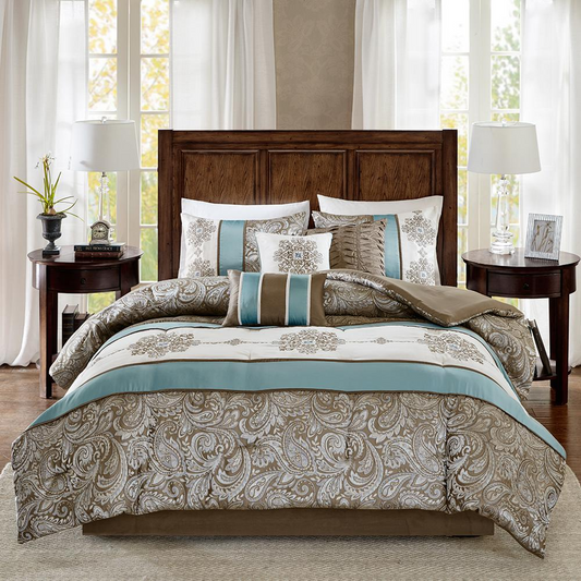 Madison Park Caroline Jacquard 7 Piece Comforter Set - Blue, Brown, and Ivory