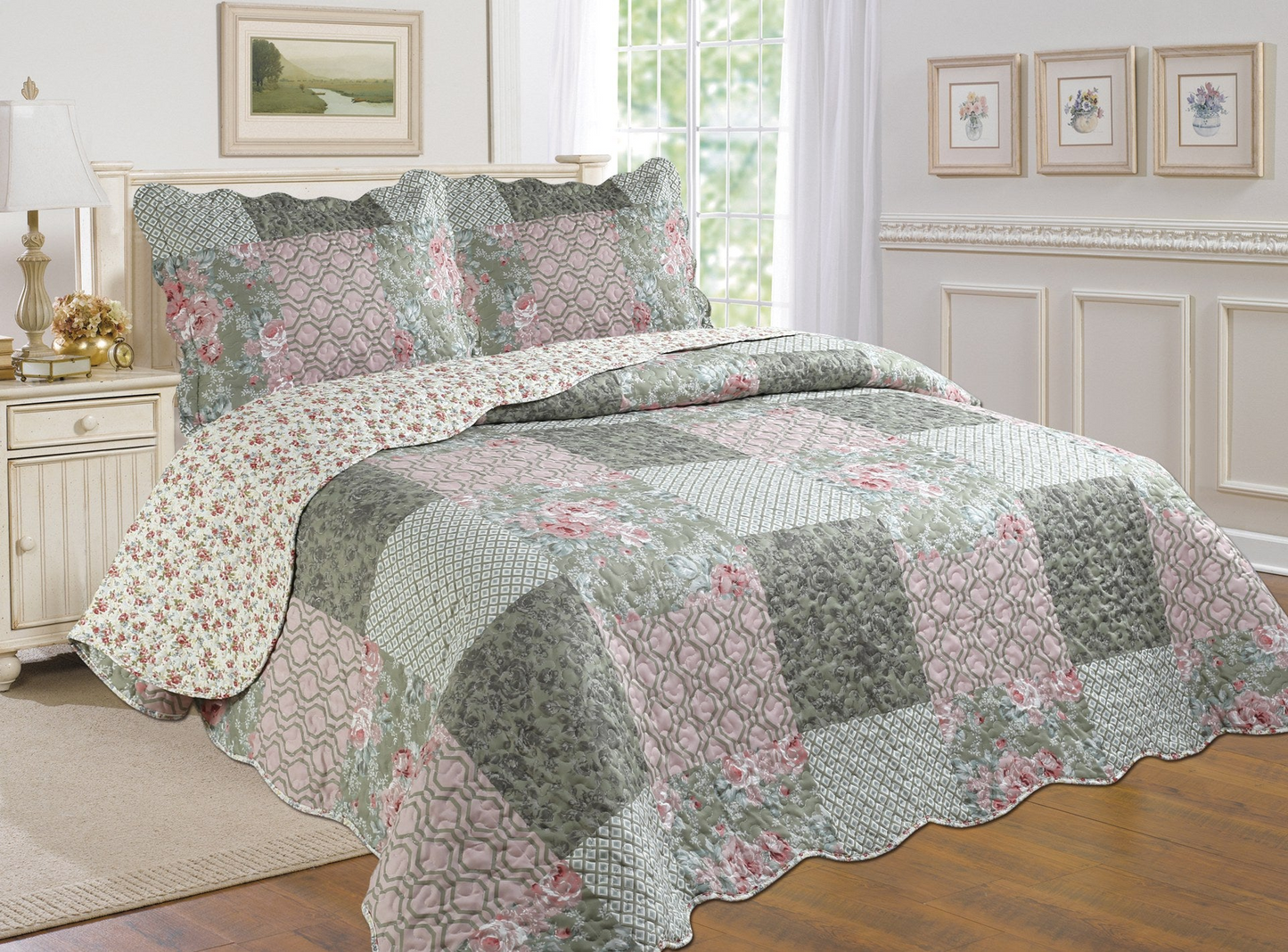 3-Piece Cotton Blend Reversible Quilt Set - Authentic Patchwork Style