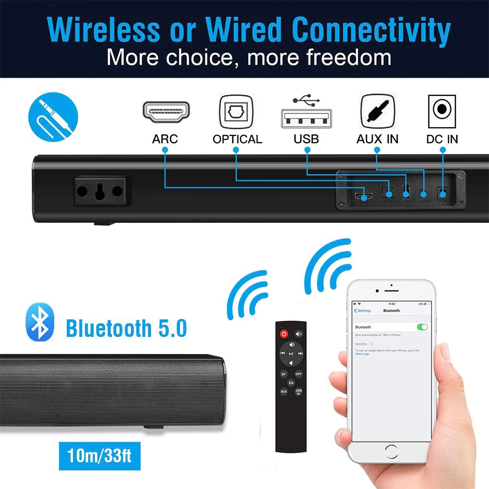 HDMI-compatible 37-inch Bluetooth soundbar for LED TV Wall mountable Home Theater 3D surround sound optical SPDIF ARC detachable