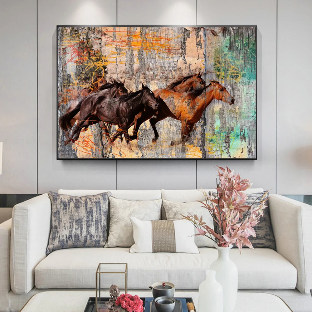 Vintage Running Horses Abstract Canvas Paintings on the Wall Art Posters and Prints Animals Modern Decorative Pictures Cuadros