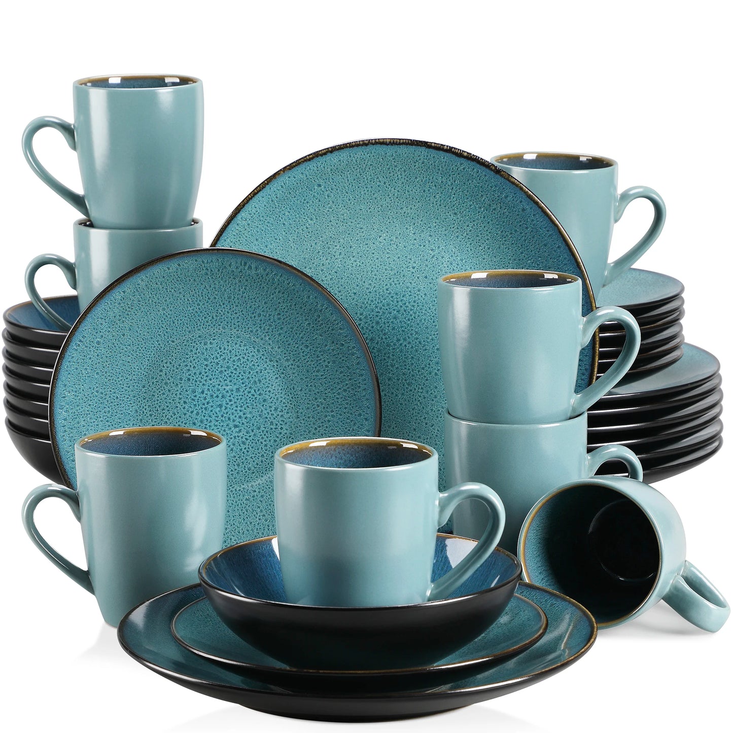 VANCASSO BUBBLE 16/32/48-Piece Tableware Set Vintage Ceramic Blue/Brown Stoneware Set with Dinner&Dessert Plate,Bowl,Coffee Cups