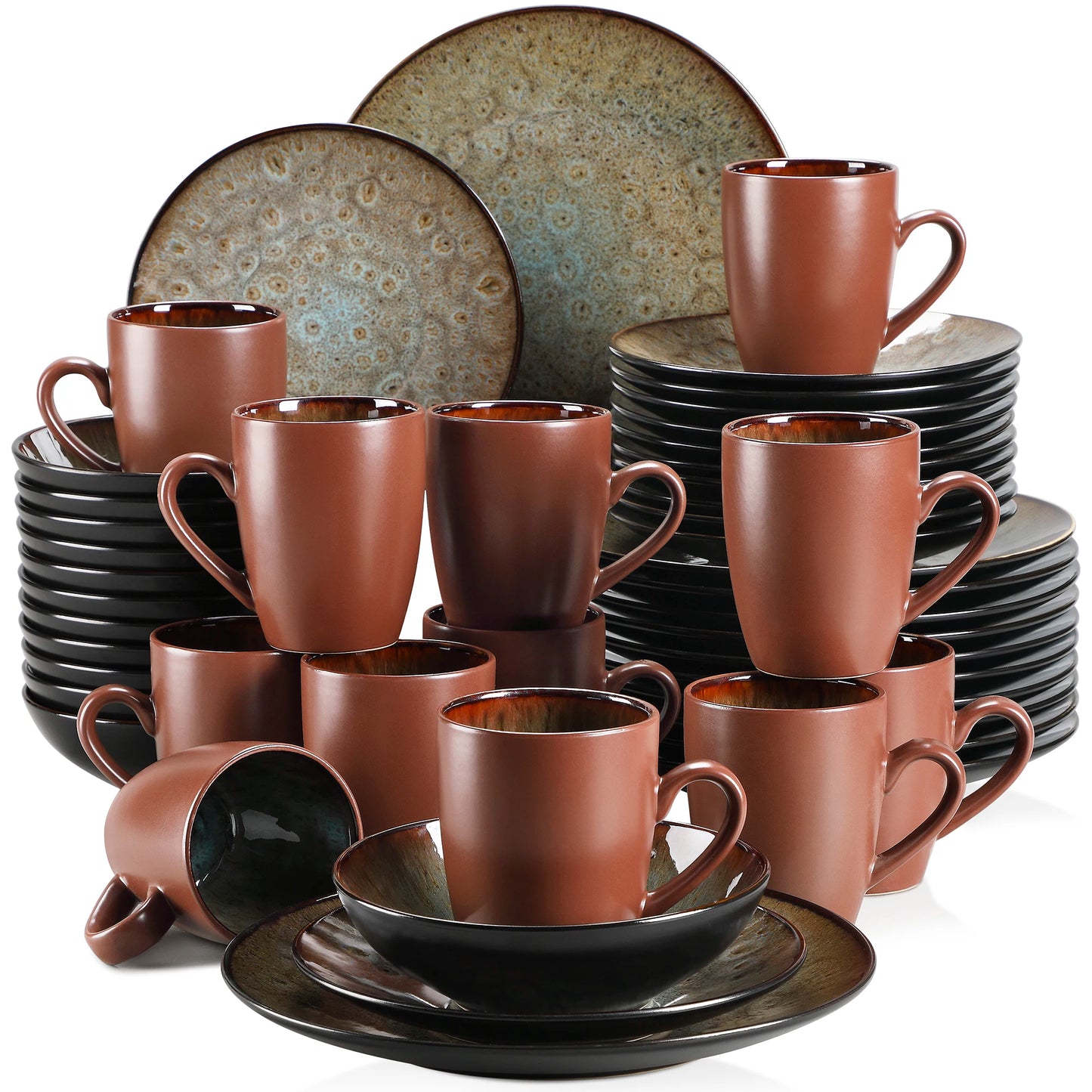 VANCASSO BUBBLE 16/32/48-Piece Tableware Set Vintage Ceramic Blue/Brown Stoneware Set with Dinner&Dessert Plate,Bowl,Coffee Cups