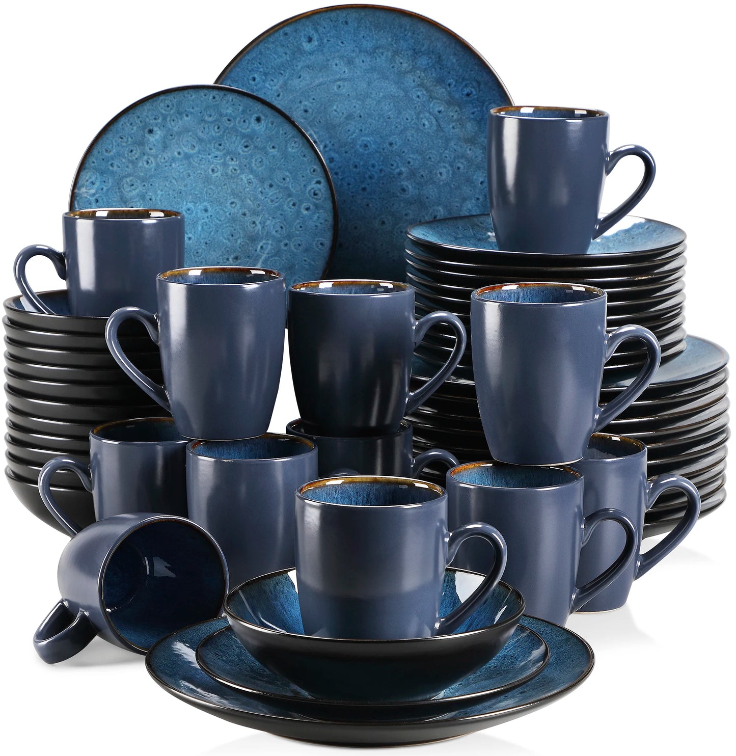 VANCASSO BUBBLE 16/32/48-Piece Tableware Set Vintage Ceramic Blue/Brown Stoneware Set with Dinner&Dessert Plate,Bowl,Coffee Cups